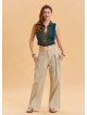 Pleated Bias Cut Buttoned Cream Bohemian Trousers 4465